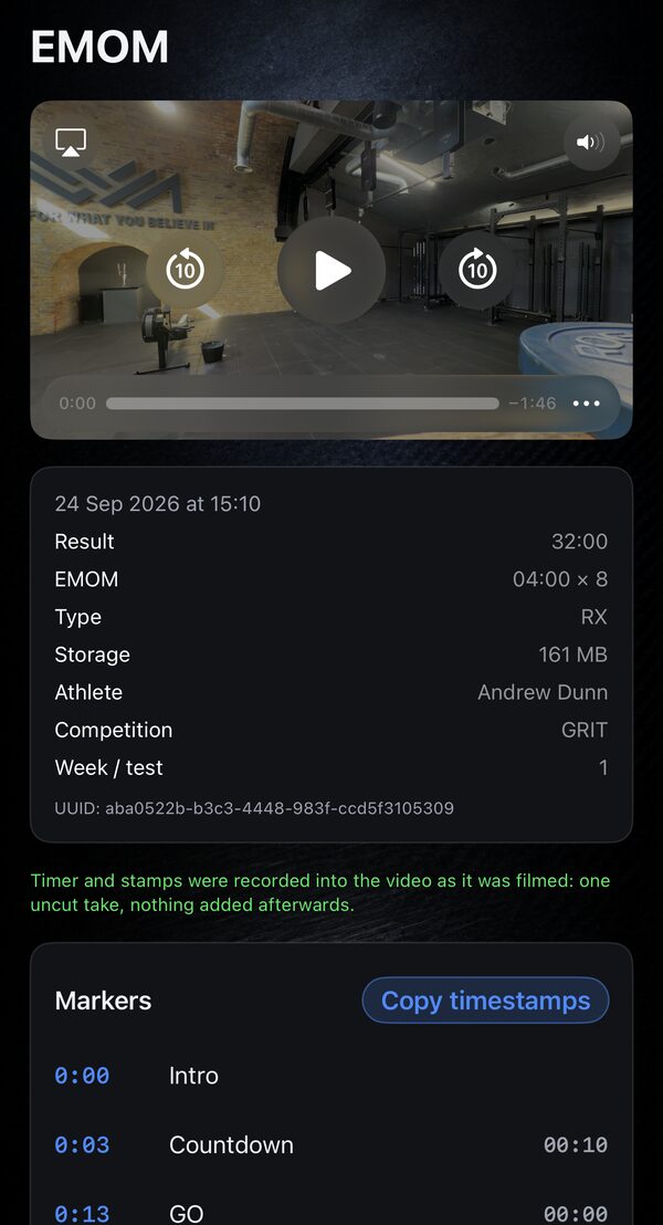 Saved EMOM video in GRIT with result, athlete, competition, video ID, the note that timer and stamps were recorded as it was filmed, and judge markers