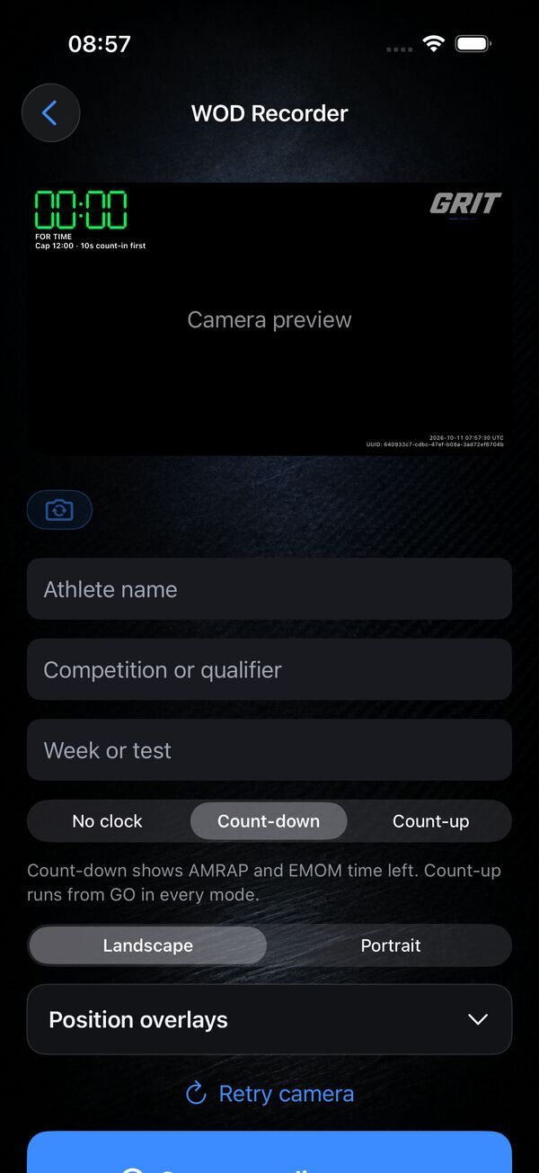 Recording screen with clock and stamp overlays, athlete details and clock options