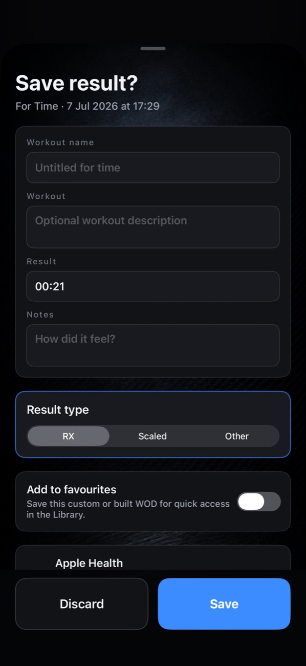 GRIT save-result screen — logbook with RX or scaled and notes